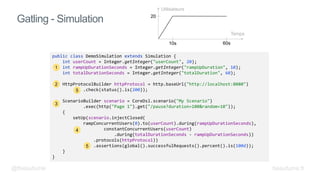 Gatling - Simulation
public class DemoSimulation extends Simulation {
int userCount = Integer.getInteger("userCount", 20);
int rampUpDurationSeconds = Integer.getInteger("rampUpDuration", 10);
int totalDurationSeconds = Integer.getInteger("totalDuration", 60);
HttpProtocolBuilder httpProtocol = http.baseUrl("http://localhost:8080")
.check(status().is(200));
ScenarioBuilder scenario = CoreDsl.scenario("My Scenario")
.exec(http("Page 1").get("/pause?duration=100&random=10"));
{
setUp(scenario.injectClosed(
rampConcurrentUsers(0).to(userCount).during(rampUpDurationSeconds),
constantConcurrentUsers(userCount)
.during(totalDurationSeconds - rampUpDurationSeconds))
.protocols(httpProtocol))
.assertions(global().successfulRequests().percent().is(100d));
}
}
Temps
Utilisateurs
10s 60s
20
1
2
3
4
5
5
@fbeaufume beaufume.fr
 