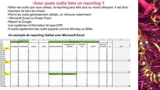 •Selon les outils que vous utilisez, le reporting peut être plus ou moins attrayant. Il est donc
important de bien les choisir.
•Parmi les outils généralement utilisés, on retrouve notamment :
• Microsoft Excel ou Power Point,
•Report et Google
•Les systèmes d’information de type ERP.
•Il existe également des outils payants comme Monday ou Bittle.
Un exemple de reporting réalisé avec Microsoft Excel
 