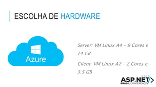 ESCOLHA DE HARDWARE
Server: VM Linux A4 – 8 Cores e
14 GB
Client: VM Linux A2 – 2 Cores e
3.5 GB
 