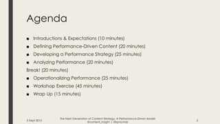 Agenda
■ Introductions & Expectations (10 minutes)
■ Defining Performance-Driven Content (20 minutes)
■ Developing a Perfo...