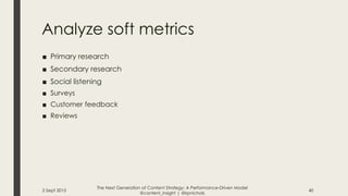 Analyze soft metrics
■ Primary research
■ Secondary research
■ Social listening
■ Surveys
■ Customer feedback
■ Reviews
2 ...