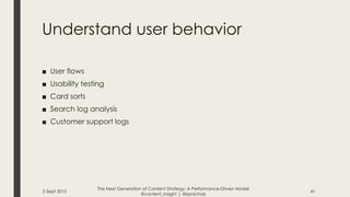 Understand user behavior
2 Sept 2015 41
■ User flows
■ Usability testing
■ Card sorts
■ Search log analysis
■ Customer sup...