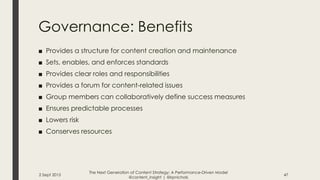 Governance: Benefits
■ Provides a structure for content creation and maintenance
■ Sets, enables, and enforces standards
■...