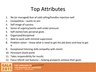 Top Attributes No (or managed) fear of cold calling/handles rejection well Competitive – wants to win Self image of success Sense of urgency/works well under pressure Self-starter/sets personal goals Organized/disciplined Able to work with minimal supervision Problem solver – know what is need to get the job done and how to get it Exceptional listening skills (empathy with client) Persistent (hard work) Takes responsibility for results Focus VALUE not features – helping prospects achieve their goals 