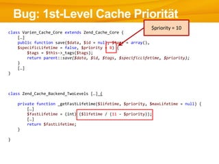 Bug: 1st-Level Cache Priorität
class Varien_Cache_Core extends Zend_Cache_Core {
[…]
public function save($data, $id = null, $tags = array(),
$specificLifetime = false, $priority = 8) {
$tags = $this->_tags($tags);
return parent::save($data, $id, $tags, $specificLifetime, $priority);
}
[…]
}
class Zend_Cache_Backend_TwoLevels […] {
private function _getFastLifetime($lifetime, $priority, $maxLifetime = null) {
[…]
$fastLifetime = (int) ($lifetime / (11 - $priority));
[…]
return $fastLifetime;
}
}
$priority = 10
 