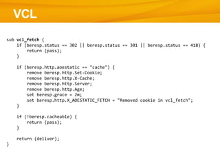 VCL
sub vcl_fetch {
if (beresp.status == 302 || beresp.status == 301 || beresp.status == 418) {
return (pass);
}
if (beresp.http.aoestatic == "cache") {
remove beresp.http.Set-Cookie;
remove beresp.http.X-Cache;
remove beresp.http.Server;
remove beresp.http.Age;
set beresp.grace = 2m;
set beresp.http.X_AOESTATIC_FETCH = "Removed cookie in vcl_fetch";
}
if (!beresp.cacheable) {
return (pass);
}
return (deliver);
}
 