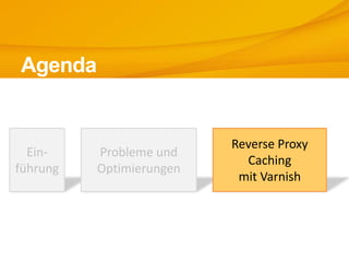 Agenda


                          Reverse Proxy
  Ein-    Probleme und
                            Caching
führung   Optimierungen
                           mit Varnish
 