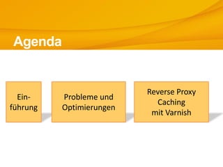 Agenda


                          Reverse Proxy
  Ein-    Probleme und
                            Caching
führung   Optimierungen
                           mit Varnish
 
