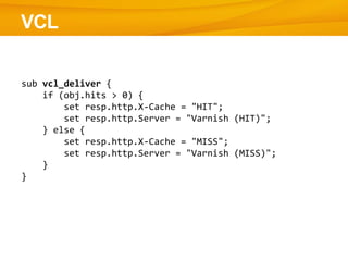 VCL
sub vcl_deliver {
if (obj.hits > 0) {
set resp.http.X-Cache = "HIT";
set resp.http.Server = "Varnish (HIT)";
} else {
set resp.http.X-Cache = "MISS";
set resp.http.Server = "Varnish (MISS)";
}
}
 