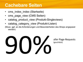 Cachebare Seiten
•   cms_index_index (Startseite)
•   cms_page_view (CMS Seiten)
•   catalog_product_view (Produkt-Singleviews)
•   catalog_category_view (Produkt-Listen)
(Muss ggf. an die Anforderungen und Besonderheiten des Shops angepasst
   werden)



                                                aller Page-Requests
                                                (geschätzt)
 