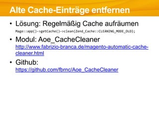 Alte Cache-Einträge entfernen
• Lösung: Regelmäßig Cache aufräumen
 Mage::app()->getCache()->clean(Zend_Cache::CLEANING_MODE_OLD);

• Modul: Aoe_CacheCleaner
 http://www.fabrizio-branca.de/magento-automatic-cache-
 cleaner.html
• Github:
 https://github.com/fbrnc/Aoe_CacheCleaner
 