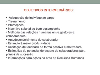 OBJETIVOS INTERMEDIÁRIOS:
• Adequação do indivíduo ao cargo
• Treinamento
• Promoções
• Incentivo salarial ao bom desempenho
• Melhoria das relações humanas entre gestores e
colaboradores
• Autodesenvolvimento do colaborador
• Estímulo à maior produtividade
• Aceitação de feedback de forma positiva e motivadora
• Estimativa do potencial do quadro de colaboradores para
planos de sucessão
• Informações para ações da área de Recursos Humanos
 