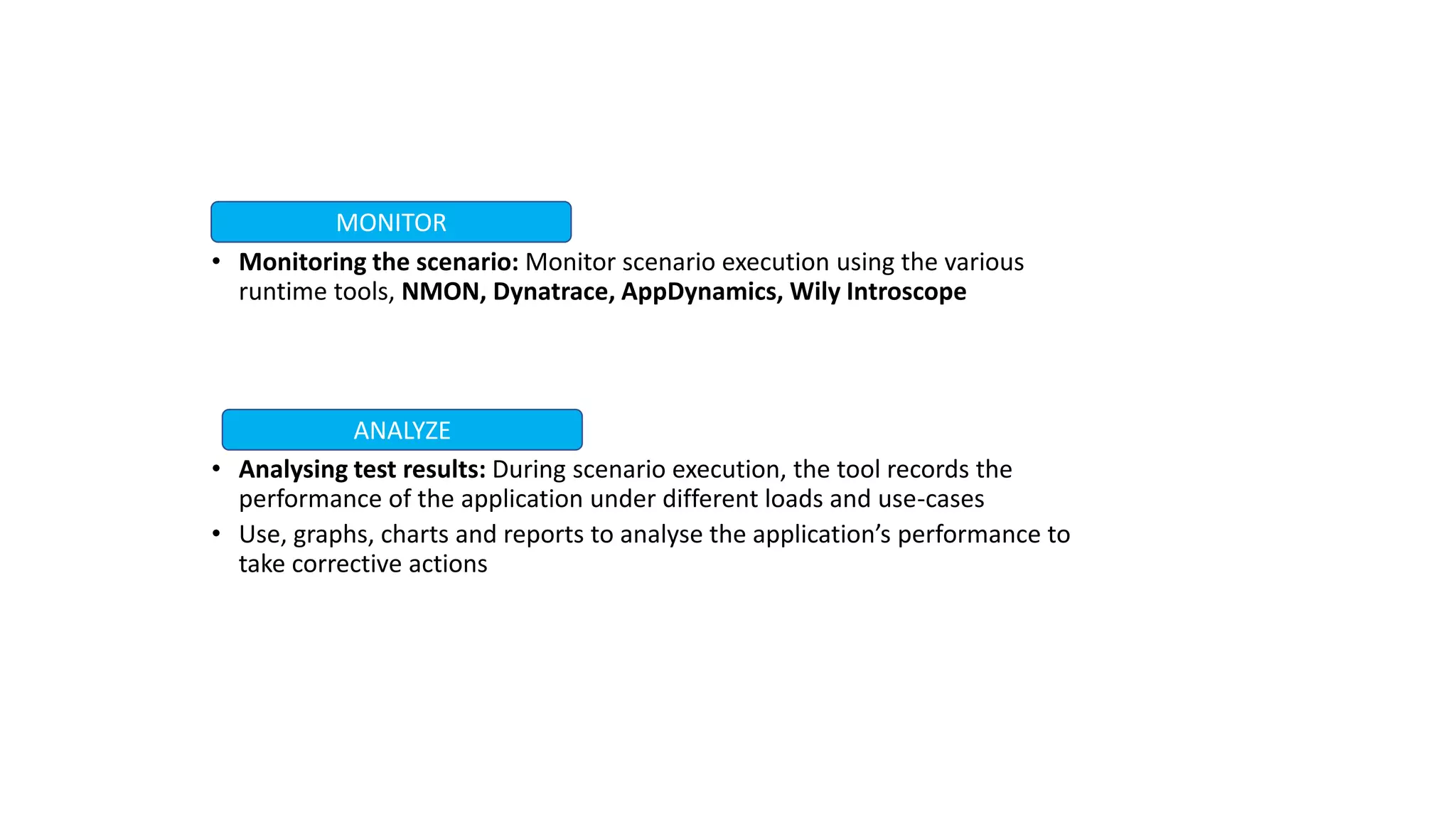 • Monitoring the scenario: Monitor scenario execution using the various
runtime tools, NMON, Dynatrace, AppDynamics, Wily Introscope
• Analysing test results: During scenario execution, the tool records the
performance of the application under different loads and use-cases
• Use, graphs, charts and reports to analyse the application’s performance to
take corrective actions
MONITOR
ANALYZE
 