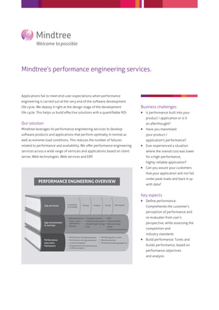 Mindtree’s performance engineering services.
Applications fail to meet end-user expectations when performance
engineering is carried out at the very end of the software development
life cycle. We deploy it right at the design stage of the development
life cycle. This helps us build eﬀective solutions with a quantiﬁable ROI.
Our solution
Mindtree leverages its performance engineering services to develop
software products and applications that perform optimally in normal as
well as extreme load conditions. This reduces the number of failures
related to performance and availability. We oﬀer performance engineering
services across a wide range of verticals and applications based on client
server, Web technologies, Web services and ERP.
Business challenges
 Is performance built into your
product / application or is it
an afterthought?
 Have you maximized
your product /
application's performance?
 Ever experienced a situation
where the overall cost was lower
for a high-performance,
highly-reliable application?
 Can you assure your customers
that your application will not fail
under peak loads and back it up
with data?
Key aspects
 Deﬁne performance:
Comprehends the customer's
perception of performance and
re-evaluates from user’s
perspective, while assessing the
competition and
industry standards
 Build performance: Tunes and
builds performance, based on
performance objectives
and analysis
Sub servieces Consulting
& stratergy
Testing Analysis Tuning Benchmark
App environment
& verticals
Consumer systems
Infrastructure system
Networking & storage
ISVs
Web applications
Client - server
applications
Network
BFSI
Capital markets
Manufacturing
Retail
Travel & transportation
Performance
execution
framework
Performance testing framework
Performance testing workbench
Linmon framework
Integrated build kit performance
for test & analysis
Mindtree generic studio
Workload toolset
Performance testing helper kit
PERFORMANCE ENGINEERING OVERVIEW
 