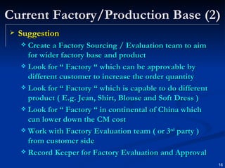 Current Factory/Production Base (2) Suggestion Create a Factory Sourcing / Evaluation team to aim for wider factory base and product Look for “ Factory “ which can be approvable by different customer to increase the order quantity Look for “ Factory “ which is capable to do different product ( E.g. Jean, Shirt, Blouse and Soft Dress ) Look for “ Factory “ in continental of China which can lower down the CM cost Work with Factory Evaluation team ( or 3 rd  party ) from customer side Record Keeper for Factory Evaluation and Approval 