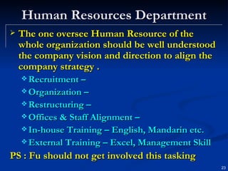 Human Resources Department The one oversee Human Resource of the whole organization should be well understood the company vision and direction to align the company strategy . Recruitment – Organization – Restructuring – Offices & Staff Alignment – In-house Training – English, Mandarin etc. External Training – Excel, Management Skill PS : Fu should not get involved this tasking 