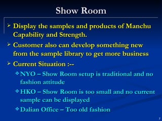 Show Room Display the samples and products of Manchu Capability and Strength.  Customer also can develop something new from the sample library to get more business Current Situation :-- NYO – Show Room setup is traditional and no fashion attitude HKO – Show Room is too small and no current sample can be displayed Dalian Office – Too old fashion 