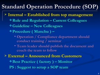 Standard Operation Procedure (SOP) Internal – Established from top management Rule and Regulation – Current Colleagues Guideline – New Colleagues Procedure ( Manchu ) –  Operation / Compliance department should conduct training / seminar Team leader should publish the document and coach the team to follow External – Announced from Customers Best Practice ( factory ) – Monitor PS : Suggest to setup a SOP team 