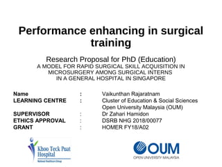 Performance enhancing in surgical
training
Research Proposal for PhD (Education)
A MODEL FOR RAPID SURGICAL SKILL ACQUISITION IN
MICROSURGERY AMONG SURGICAL INTERNS
IN A GENERAL HOSPITAL IN SINGAPORE
Name : Vaikunthan Rajaratnam
LEARNING CENTRE : Cluster of Education & Social Sciences
Open University Malaysia (OUM)
SUPERVISOR : Dr Zahari Hamidon
ETHICS APPROVAL : DSRB NHG 2018/00077
GRANT : HOMER FY18/A02
 