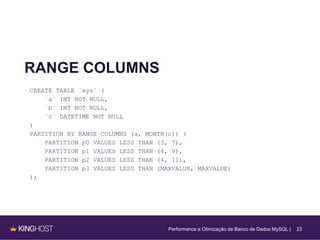 23
RANGE COLUMNS
CREATE TABLE `xyz` (
`a` INT NOT NULL,
`b` INT NOT NULL,
`c` DATETIME NOT NULL
)
PARTITION BY RANGE COLUMNS (a, MONTH(c)) (
PARTITION p0 VALUES LESS THAN (3, 7),
PARTITION p1 VALUES LESS THAN (4, 9),
PARTITION p2 VALUES LESS THAN (4, 11),
PARTITION p3 VALUES LESS THAN (MAXVALUE, MAXVALUE)
);
Performance e Otimização de Banco de Dados MySQL |
 