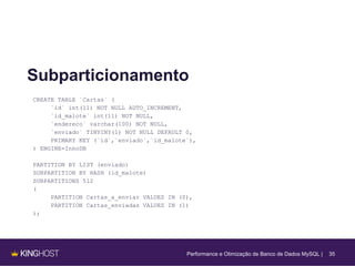 35
Subparticionamento
CREATE TABLE `Cartas` (
`id` int(11) NOT NULL AUTO_INCREMENT,
`id_malote` int(11) NOT NULL,
`endereco` varchar(100) NOT NULL,
`enviado` TINYINY(1) NOT NULL DEFAULT 0,
PRIMARY KEY (`id`,`enviado`,`id_malote`),
) ENGINE=InnoDB
PARTITION BY LIST (enviado)
SUBPARTITION BY HASH (id_malote)
SUBPARTITIONS 512
(
PARTITION Cartas_a_enviar VALUES IN (0),
PARTITION Cartas_enviadas VALUES IN (1)
);
Performance e Otimização de Banco de Dados MySQL |
 