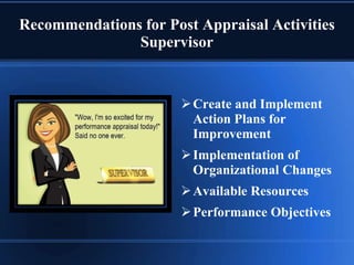 Recommendations for Post Appraisal Activities
Supervisor
Create and Implement
Action Plans for
Improvement
Implementation of
Organizational Changes
Available Resources
Performance Objectives
 