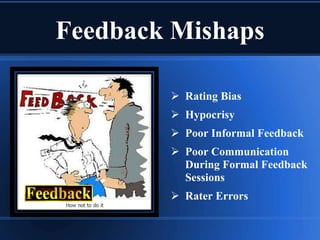 Feedback Mishaps
 Rating Bias
 Hypocrisy
 Poor Informal Feedback
 Poor Communication
During Formal Feedback
Sessions
 Rater Errors
 