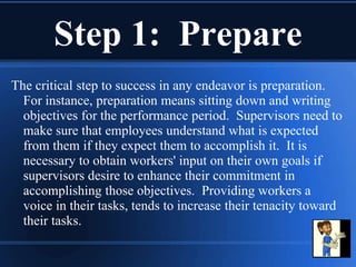 Step 1: Prepare
The critical step to success in any endeavor is preparation.
For instance, preparation means sitting down and writing
objectives for the performance period. Supervisors need to
make sure that employees understand what is expected
from them if they expect them to accomplish it. It is
necessary to obtain workers' input on their own goals if
supervisors desire to enhance their commitment in
accomplishing those objectives. Providing workers a
voice in their tasks, tends to increase their tenacity toward
their tasks.
 