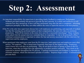 Step 2: Assessment
An important responsibility for supervisors is providing timely feedback to employees. Performance
feedback provided instantly has proven to provide the best outcome. It is unfair and ineffective to tell
someone how they messed up, or how well they performed, long after the task is completed. Informing
employees promptly so that they can either address the issue or repeat the success is the best practice.
If the PA is the only time supervisors discuss how well employees are performing, and especially if workers
feel that this meeting has profound impact on their compensation, the interview takes on enormous
proportions. With all the tension in the room, how can it be a successful interchange? Many workers,
when asked what the annual interview reminded them of, responded, "A trip to the principal's office."
Continual communication is important to reduce the fear and anxiety associated with this interview for
supervisors and the employees.
When questioned what employees want from the PA interview, both supervisors and employees most often
answer, "No surprises." This is heard more frequently than hope for the highest rating. Employees
want to know how well they are performing. They do not desire to have it sprung on them at the PA
interview, when they no longer have the opportunity to produce positive outcomes. They desire to be
respected as partners throughout the PA process. Continual measurement and feedback is important to
eliminate surprises, which also decreases episodes of conflict. Surprises beget conflict. Communication
prevents them.
 