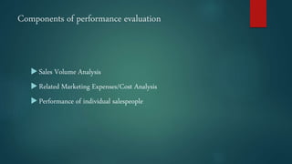 Components of performance evaluation
 Sales Volume Analysis
 Related Marketing Expenses/Cost Analysis
 Performance of individual salespeople
 
