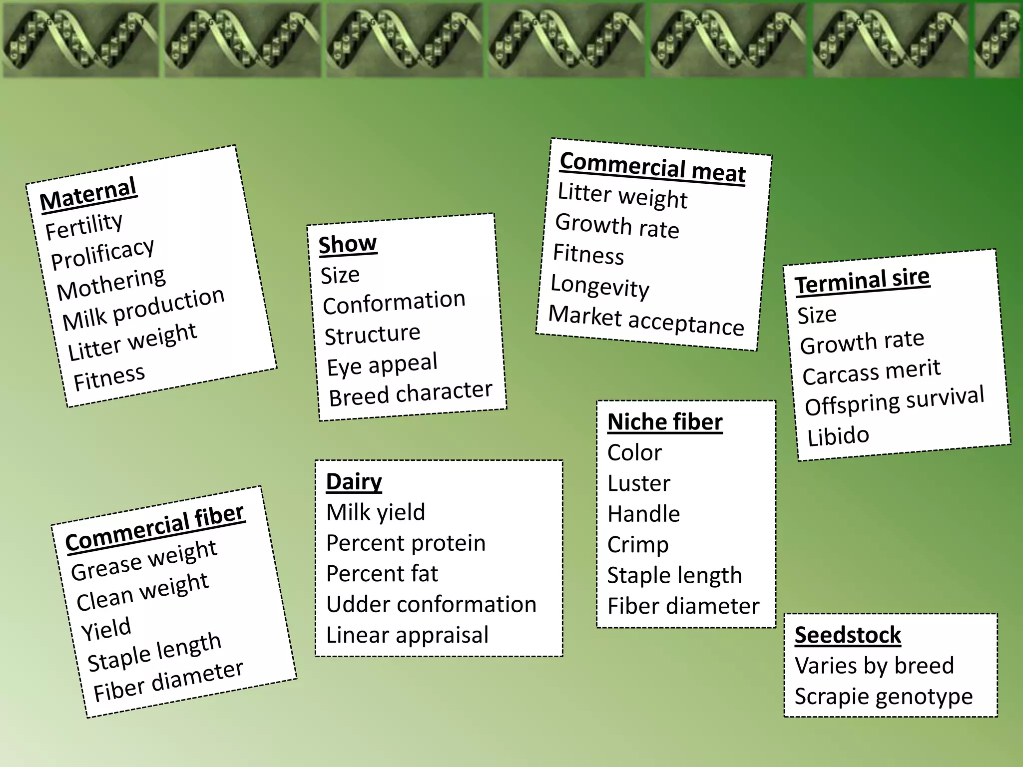 Niche fiber
                     Color
Dairy                Luster
Milk yield           Handle
Percent protein      Crimp
Percent fat          Staple length
Udder conformation   Fiber diameter
Linear appraisal                      Seedstock
                                      Varies by breed
                                      Scrapie genotype
 