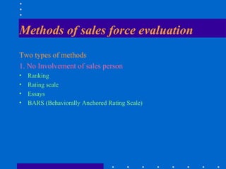 Methods of sales force evaluation <ul><li>Two types of methods </li></ul><ul><li>1. No Involvement of sales person </li></...