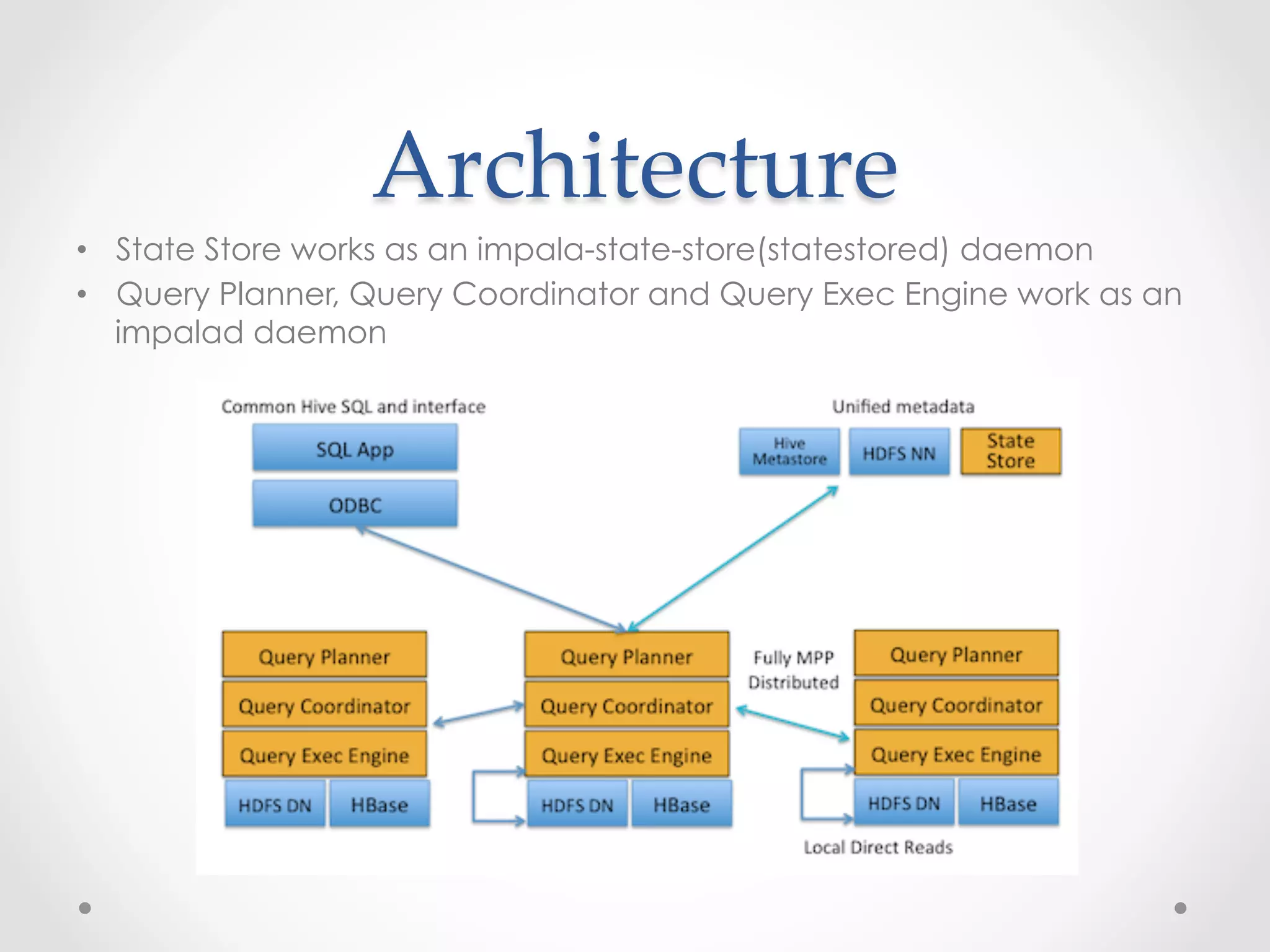 Architecture	
 
•  State Store works as an impala-state-store(statestored) daemon
•  Query Planner, Query Coordinator and Query Exec Engine work as an
   impalad daemon
 