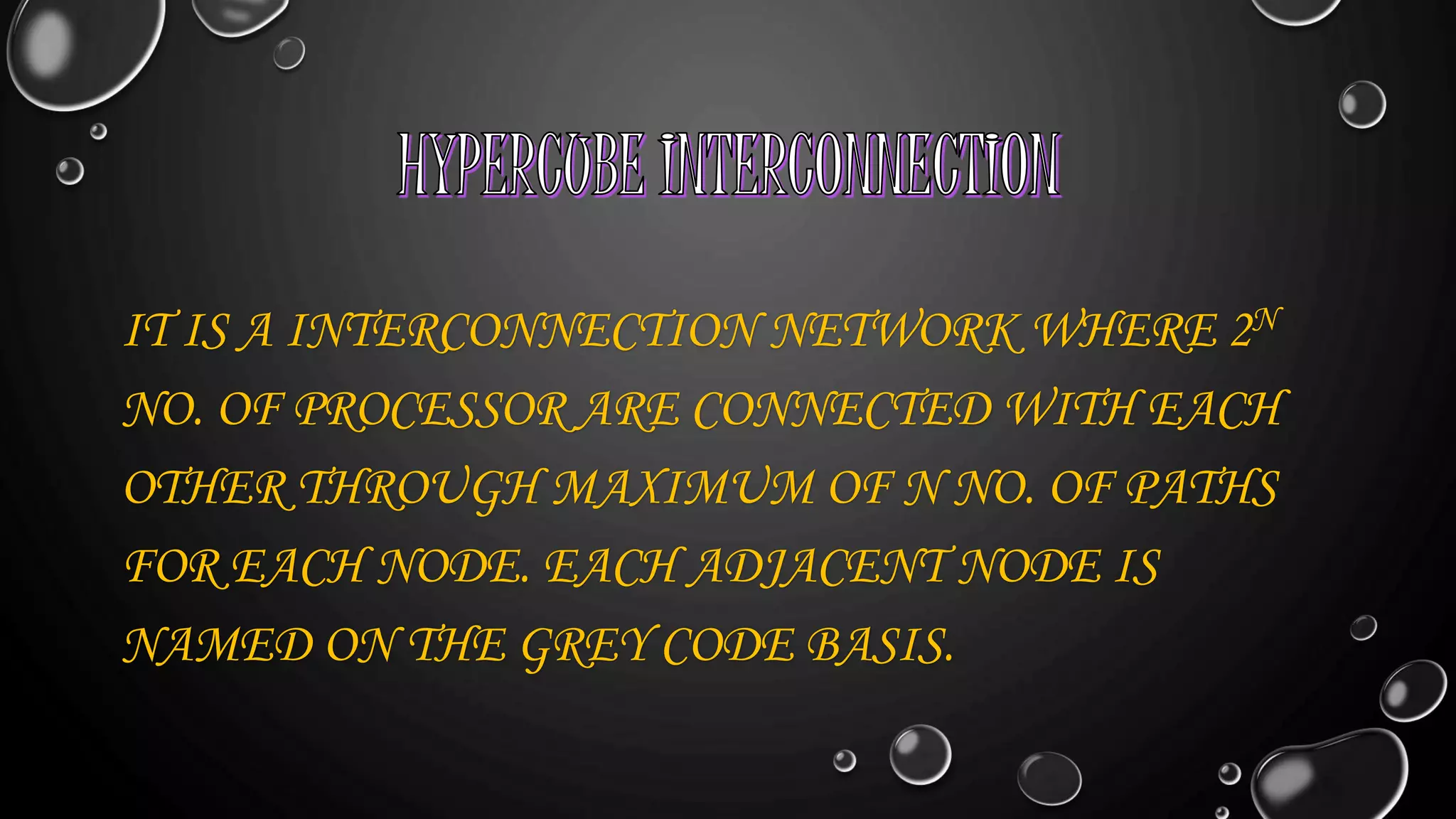 IT IS A INTERCONNECTION NETWORK WHERE 2N
NO. OF PROCESSOR ARE CONNECTED WITH EACH
OTHER THROUGH MAXIMUM OF N NO. OF PATHS
FOR EACH NODE. EACH ADJACENT NODE IS
NAMED ON THE GREY CODE BASIS.
 