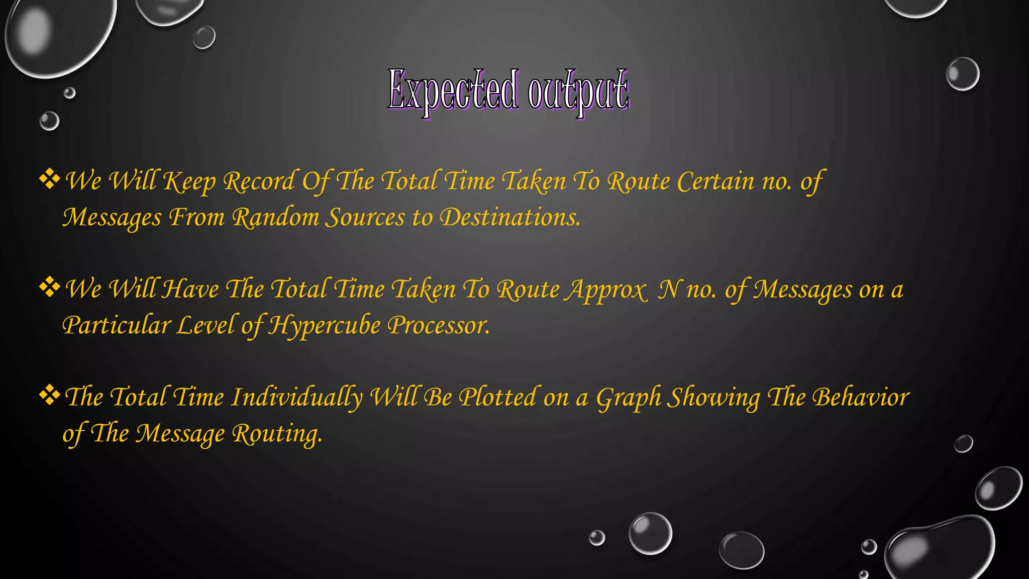 We Will Keep Record Of The Total Time Taken To Route Certain no. of
Messages From Random Sources to Destinations.
We Will Have The Total Time Taken To Route Approx N no. of Messages on a
Particular Level of Hypercube Processor.
The Total Time Individually Will Be Plotted on a Graph Showing The Behavior
of The Message Routing.
 