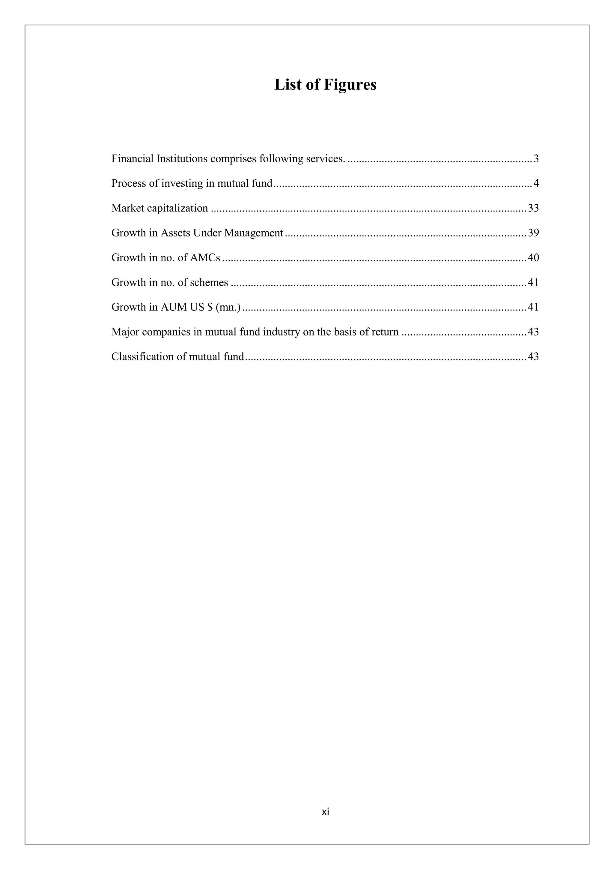 xi
List of Figures
Financial Institutions comprises following services. .................................................................3
Process of investing in mutual fund...........................................................................................4
Market capitalization ...............................................................................................................33
Growth in Assets Under Management.....................................................................................39
Growth in no. of AMCs ...........................................................................................................40
Growth in no. of schemes ........................................................................................................41
Growth in AUM US $ (mn.)....................................................................................................41
Major companies in mutual fund industry on the basis of return ............................................43
Classification of mutual fund...................................................................................................43
 