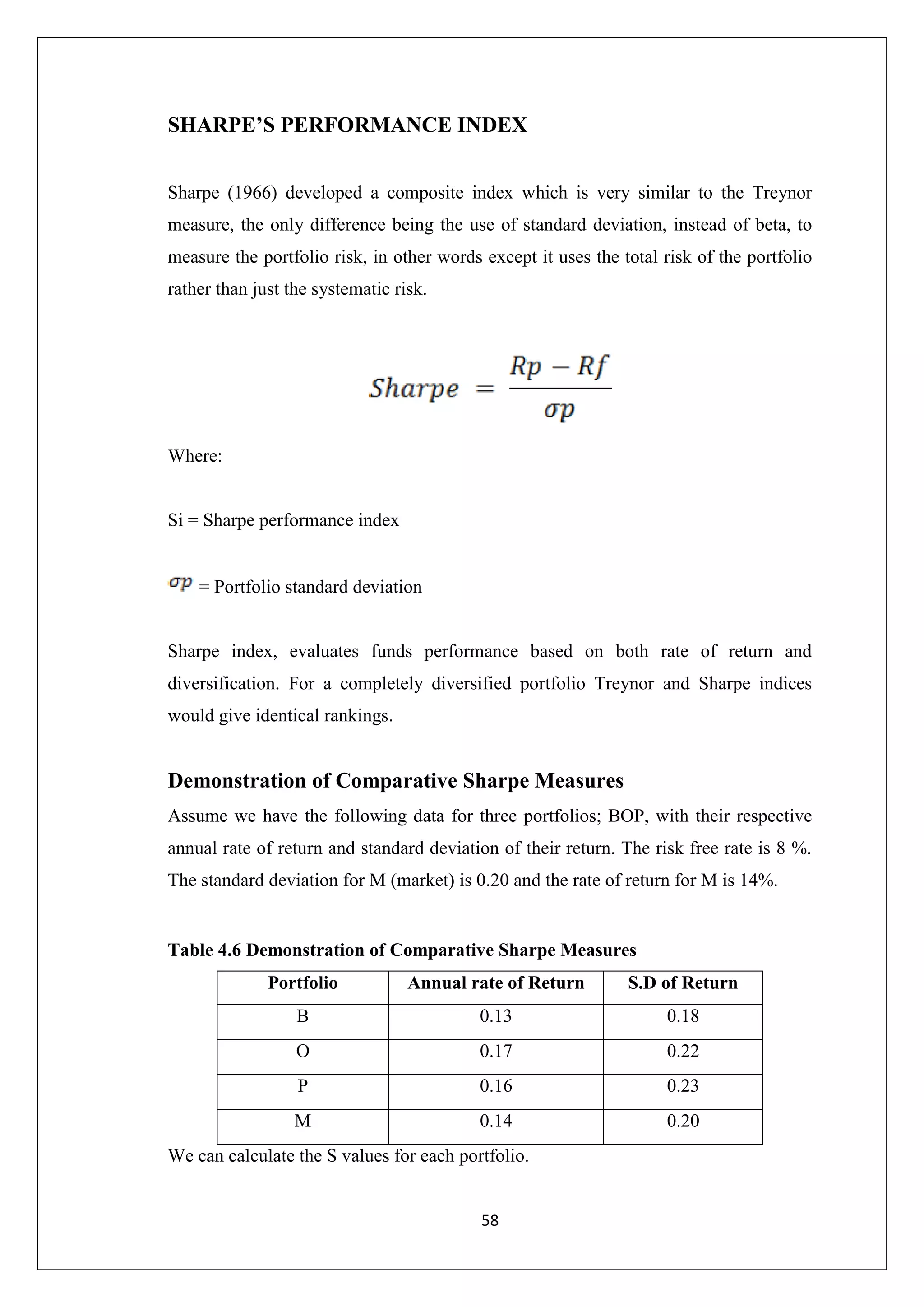 58
SHARPE’S PERFORMANCE INDEX
Sharpe (1966) developed a composite index which is very similar to the Treynor
measure, the only difference being the use of standard deviation, instead of beta, to
measure the portfolio risk, in other words except it uses the total risk of the portfolio
rather than just the systematic risk.
Where:
Si = Sharpe performance index
= Portfolio standard deviation
Sharpe index, evaluates funds performance based on both rate of return and
diversification. For a completely diversified portfolio Treynor and Sharpe indices
would give identical rankings.
Demonstration of Comparative Sharpe Measures
Assume we have the following data for three portfolios; BOP, with their respective
annual rate of return and standard deviation of their return. The risk free rate is 8 %.
The standard deviation for M (market) is 0.20 and the rate of return for M is 14%.
Table 4.6 Demonstration of Comparative Sharpe Measures
Portfolio Annual rate of Return S.D of Return
B 0.13 0.18
O 0.17 0.22
P 0.16 0.23
M 0.14 0.20
We can calculate the S values for each portfolio.
 