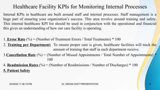 Healthcare Facility KPIs for Monitoring Internal Processes
Internal KPIs in healthcare are built around staff and internal processes. Staff management is a
huge part of ensuring your organization’s success. This area revolve around training and safety.
This internal healthcare KPI list should be used in conjunction with the operational and financial
this gives an understanding of how our care facility is operating.
1. Error Rate (%) = (Number of Treatment Errors / Total Treatments) * 100
2. Training per Department: To ensure proper care is given, healthcare facilities will track the
amount of training that staff in each department receive.
3.Cancellation Rate (%) = (Number of Missed Appointments / Total Number of Appointments) *
100
4. Readmission Rates (%) = (Number of Readmissions / Number of Discharges) * 100
5. Patient Safety
4/5/2022 11:36:19 PM 9
Dr. HEENA DIXIT PRESENTATION
 