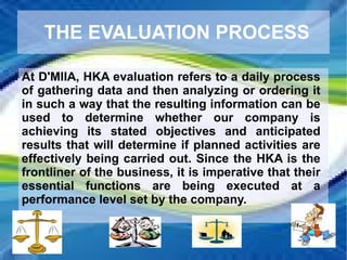 THE EVALUATION PROCESS At D'MIIA, HKA evaluation refers to a daily process of gathering data and then analyzing or ordering it in such a way that the resulting information can be used to determine whether our company is achieving its stated objectives and anticipated results that will determine if planned activities are effectively being carried out. Since the HKA is the frontliner of the business, it is imperative that their essential functions are being executed at a performance level set by the company. 