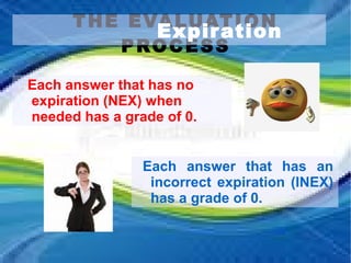 THE EVALUATION PROCESS Expiration Each answer that has no expiration (NEX) when needed has a grade of 0. Each answer that has an incorrect expiration (INEX) has a grade of 0. 