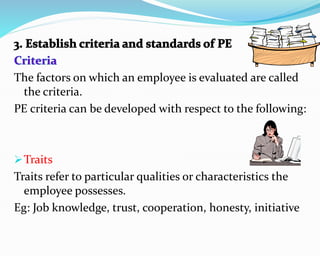 The factors on which an employee is evaluated are called
the criteria.
PE criteria can be developed with respect to the following:
Traits
Traits refer to particular qualities or characteristics the
employee possesses.
Eg: Job knowledge, trust, cooperation, honesty, initiative
 