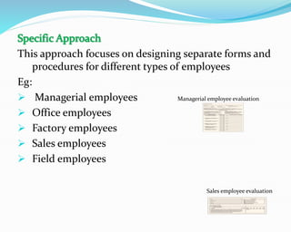 This approach focuses on designing separate forms and
procedures for different types of employees
Eg:
 Managerial employees Managerial employee evaluation
 Office employees
 Factory employees
 Sales employees
 Field employees
Sales employee evaluation
 