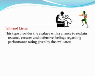 Tell- and Listen
This type provides the evaluee with a chance to explain
reasons, excuses and defensive feelings regarding
performance rating given by the evaluator.
 