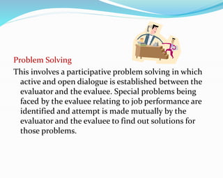 Problem Solving
This involves a participative problem solving in which
active and open dialogue is established between the
evaluator and the evaluee. Special problems being
faced by the evaluee relating to job performance are
identified and attempt is made mutually by the
evaluator and the evaluee to find out solutions for
those problems.
 