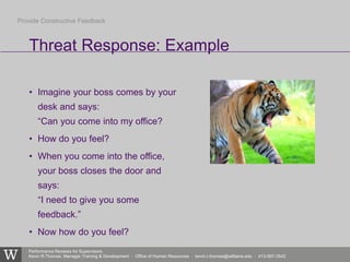 Performance Reviews for Supervisors
Kevin R.Thomas, Manager,Training & Development · Office of Human Resources · kevin.r.thomas@williams.edu · 413-597-3542
• Imagine your boss comes by your
desk and says:
“Can you come into my office?
• How do you feel?
• When you come into the office,
your boss closes the door and
says:
“I need to give you some
feedback.”
• Now how do you feel?
Threat Response: Example
Provide Constructive Feedback
 