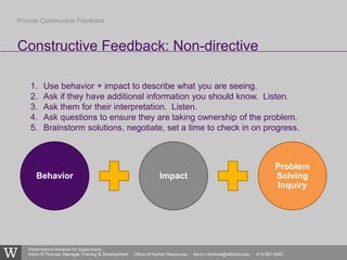 Performance Reviews for Supervisors
Kevin R.Thomas, Manager,Training & Development · Office of Human Resources · kevin.r.thomas@williams.edu · 413-597-3542
Constructive Feedback: Non-directive
Provide Constructive Feedback
1. Use behavior + impact to describe what you are seeing.
2. Ask if they have additional information you should know. Listen.
3. Ask them for their interpretation. Listen.
4. Ask questions to ensure they are taking ownership of the problem.
5. Brainstorm solutions, negotiate, set a time to check in on progress.
Behavior Impact
Problem
Solving
Inquiry
 