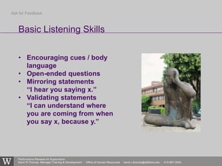 Performance Reviews for Supervisors
Kevin R.Thomas, Manager,Training & Development · Office of Human Resources · kevin.r.thomas@williams.edu · 413-597-3542
• Encouraging cues / body
language
• Open-ended questions
• Mirroring statements
“I hear you saying x.”
• Validating statements
“I can understand where
you are coming from when
you say x, because y.”
Basic Listening Skills
Ask for Feedback
 