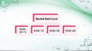 Nested Raid Level
RAID-
(0+1) RAID-10 RAID-50 RAID-60
 
