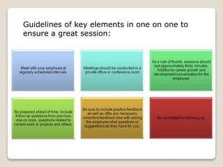 Guidelines of key elements in one on one to
ensure a great session:
 