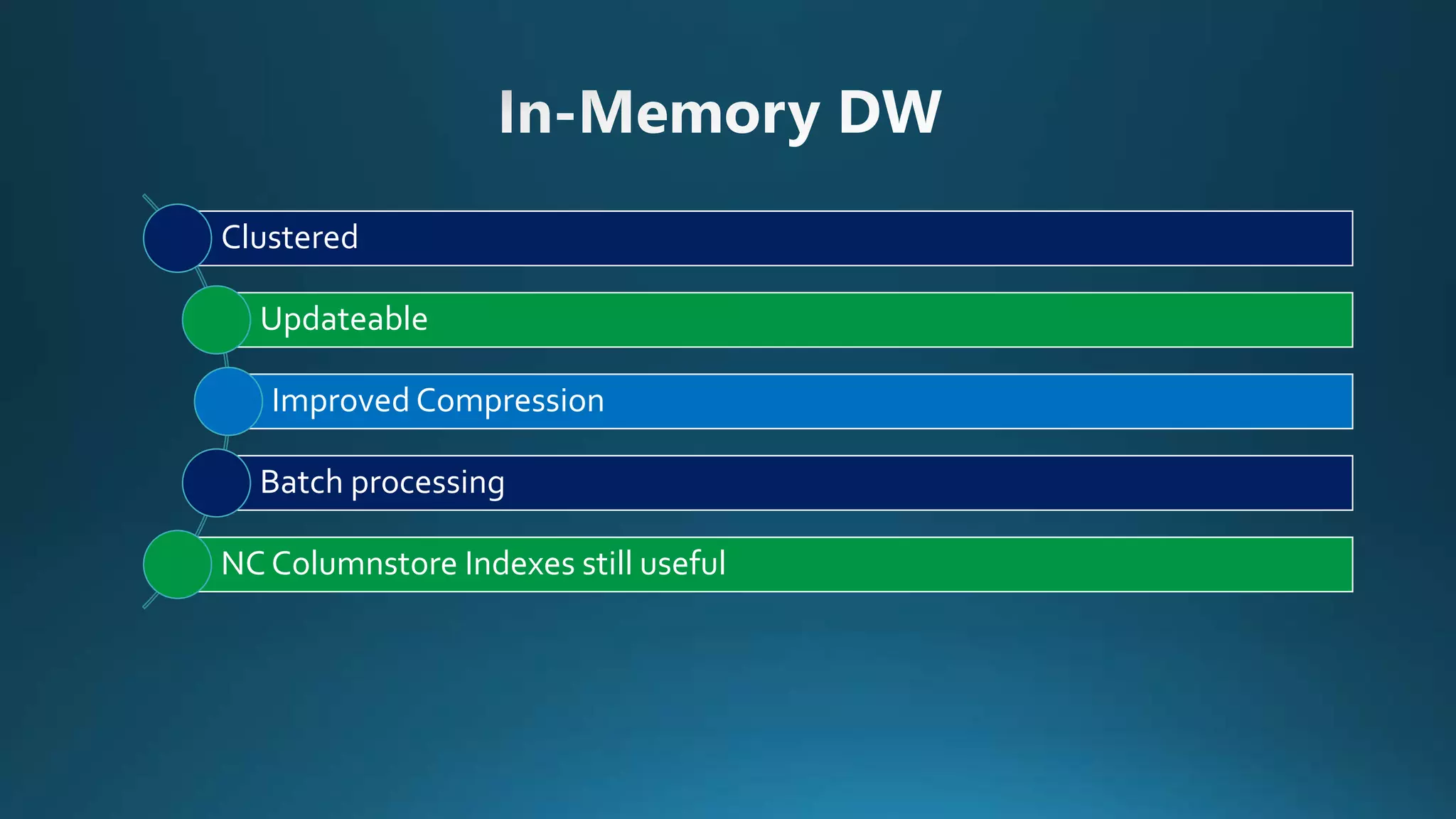 Clustered
Updateable
Improved Compression
Batch processing
NC Columnstore Indexes still useful
 